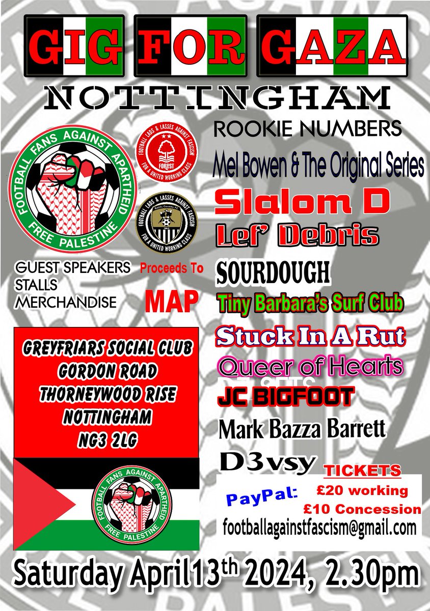 Gig For Gaza - Proceeds to MAP Nottingham, Saturday 13th April Tickets £20 & £10 (concession)