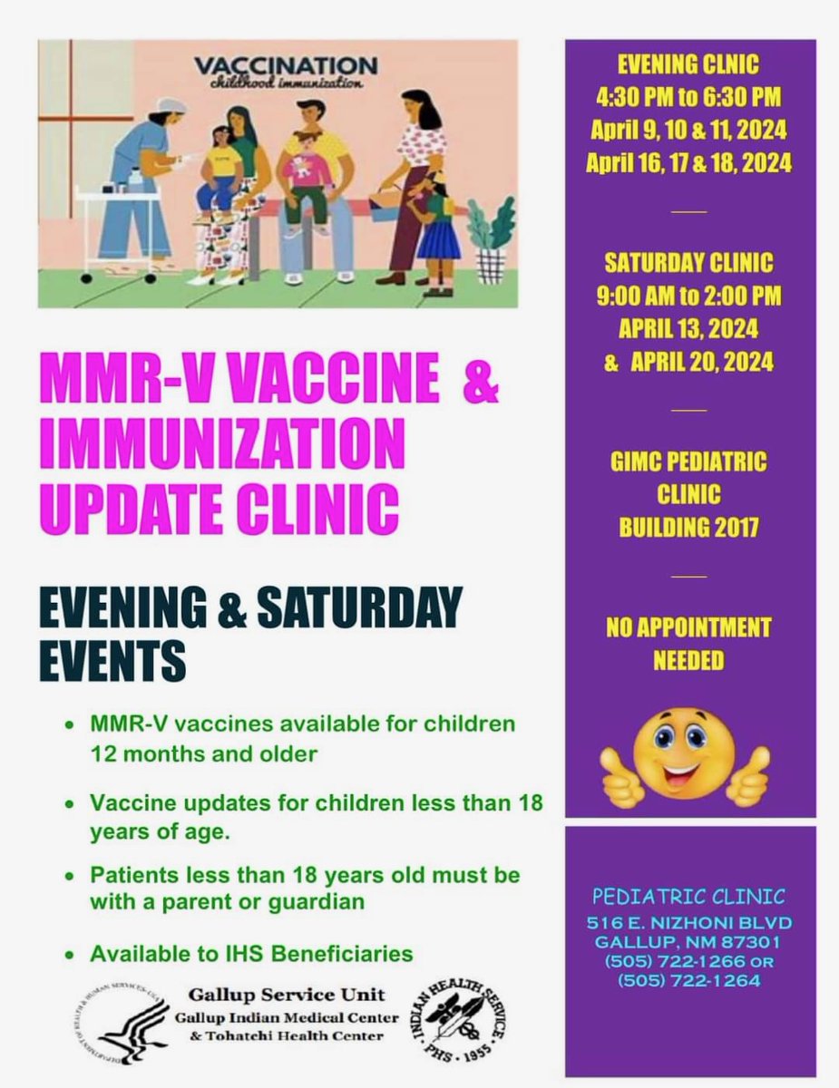 COPE_Program's tweet image. GIMC Pediatric Clinic is offering MMR-V Vaccine and Immunizations Clinic evenings and weekends in April❗️Please see details below.