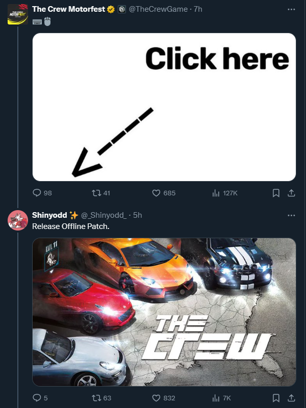 _Shinyodd_'s tweet image. Release an OFFLINE PATCH for The Crew 1 @Ubisoft @TheCrewGame ⚠️

Have some respect for videogames as an art-form &amp;amp; preserve these always-online games

We do not give a fuck if it's not profitable for you
Do the bare minimum &amp;amp; set an important standard for videogame preservation.