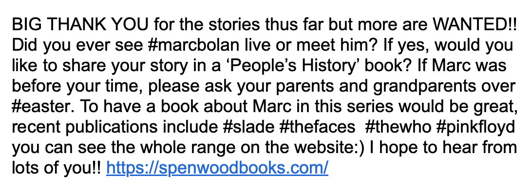Dylan White (@dylanwhite16) on Twitter photo Here's the latest on the upcoming #marcbolan book.... <a href="/MarcBolan1977/">Official Marc Bolan</a> <a href="/T_Rex_Official/">T. Rex</a> <a href="/DemonMusicGroup/">Demon Music Group</a> <a href="/TRextasyBand/">T.Rextasy Marc Bolan</a> <a href="/BolanHistory/">Marc Bolan History</a> <a href="/MarcBolanShrine/">Marc Bolan's Rock Shrine</a> <a href="/marcrileydj/">Marc Riley ⚽️🍺🐳</a> <a href="/LizKershawDJ/">Liz Kershaw</a> <a href="/WhisperingBob/">Bob Harris 💙</a> <a href="/piratejw/">Johnnie Walker</a> <a href="/tonyblackburn/">Tony Blackburn OBE.</a> <a href="/HagenMark/">Mark Hagen</a> <a href="/Paytress/">Mark Paytress🌿</a> <a href="/writewyattuk/">Malcolm Wyatt</a> <a href="/SpenwoodBooks/">Spenwood Books</a> <a href="/richard040560/">Richard Houghton</a> Here's the latest on the upcoming #marcbolan book.... <a href="/MarcBolan1977/">Official Marc Bolan</a> <a href="/T_Rex_Official/">T. Rex</a> <a href="/DemonMusicGroup/">Demon Music Group</a> <a href="/TRextasyBand/">T.Rextasy Marc Bolan</a> <a href="/BolanHistory/">Marc Bolan History</a> <a href="/MarcBolanShrine/">Marc Bolan's Rock Shrine</a> <a href="/marcrileydj/">Marc Riley ⚽️🍺🐳</a> <a href="/LizKershawDJ/">Liz Kershaw</a> <a href="/WhisperingBob/">Bob Harris 💙</a> <a href="/piratejw/">Johnnie Walker</a> <a href="/tonyblackburn/">Tony Blackburn OBE.</a> <a href="/HagenMark/">Mark Hagen</a> <a href="/Paytress/">Mark Paytress🌿</a> <a href="/writewyattuk/">Malcolm Wyatt</a> <a href="/SpenwoodBooks/">Spenwood Books</a> <a href="/richard040560/">Richard Houghton</a>