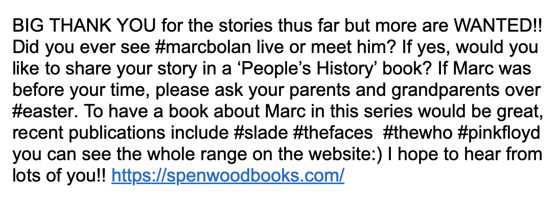 Here's the latest on the upcoming #marcbolan book.... @MarcBolan1977 @T_Rex_Official @DemonMusicGroup @TRextasyBand @BolanHistory @MarcBolanShrine @marcrileydj @LizKershawDJ @WhisperingBob @piratejw @tonyblackburn @HagenMark @Paytress @writewyattuk @SpenwoodBooks @richard040560