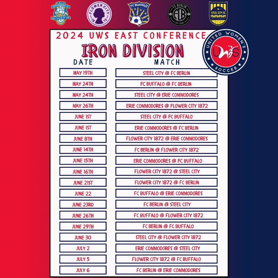 🚀 Exciting news for soccer fans! 🚀 The 2024 UWS Summer Schedule for the East Conference Iron Division is out! ⚽️ Check out the action-packed lineup and get ready for a summer filled with thrilling matches! 🌟 #UWS #SummerOfSoccer #IronDivision