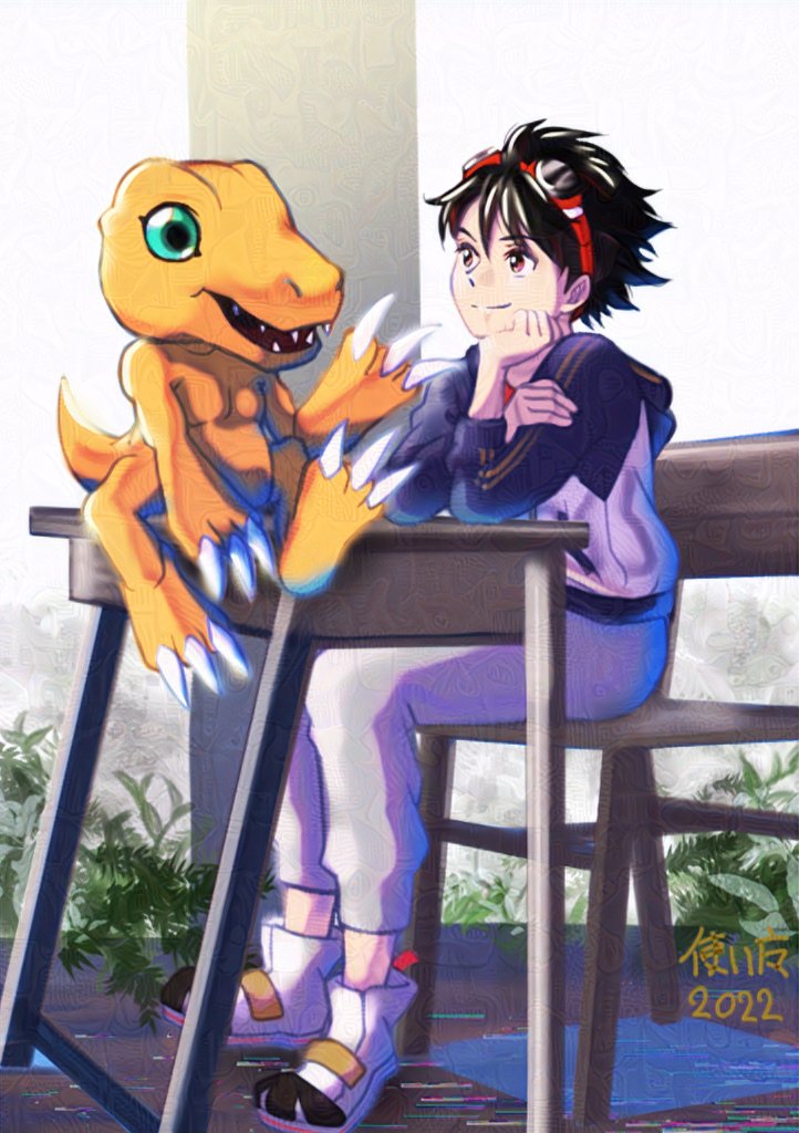 #デジモンサヴァイブ　#Digimon #百束タクマ　#アグモン
emamori加工済み↓
サヴァイブのタクマくんがアグモンの話を聞いていますね😊
ダークなゲームでしたが、イラストの中では平和な二人です☘️
あの音楽が流れてきそう…🎵