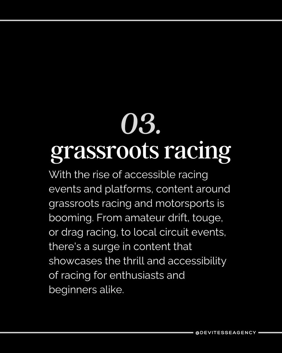 With 2024 bringing exciting trends that cater to enthusiasts of car culture, racing, car builders, and many more, here's what to look out for! 👀

What else would you add to this list? 🏁

#influencermarketing #automotiveindustry #socialmediapresence #devitesse #automotivetrends