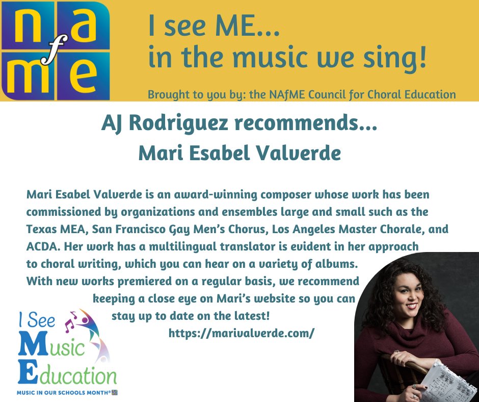 NAfME's tweet photo. The NAfME Council for Choral Education is celebrating #MIOSM with “I See ME… in the music we sing!” a series of choral repertoire and composer recommendations #MusicIsMe https://t.co/DR8D9CdneG