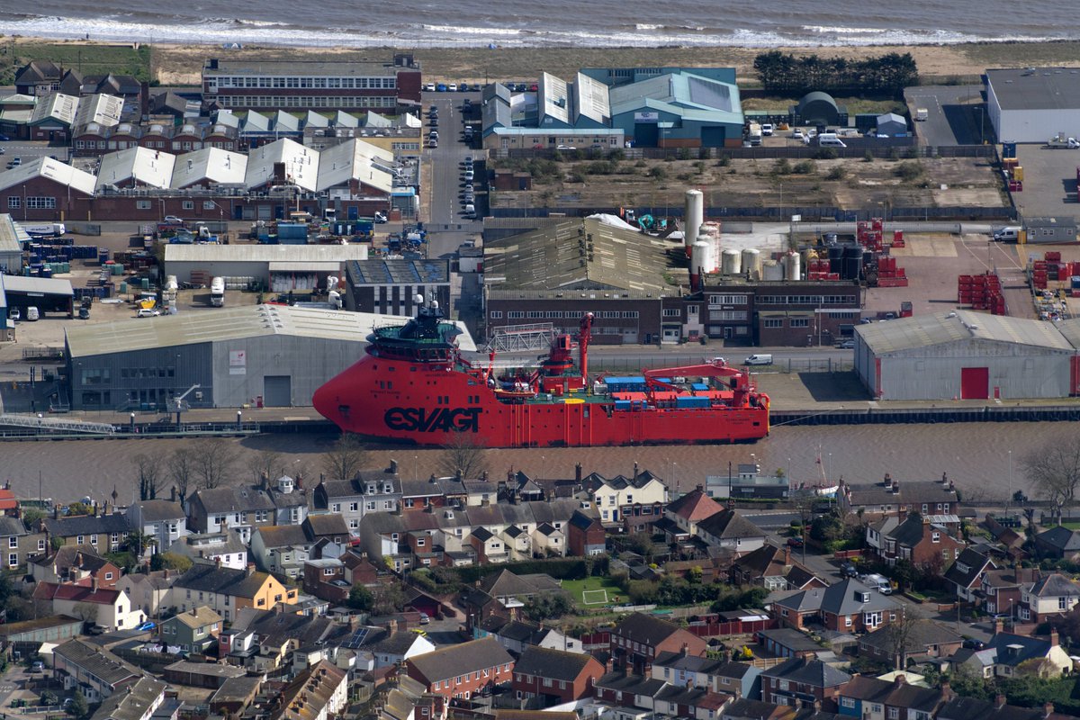 Aerial view of Great Yarmouth Port & the Service Operations Vessel: Esvagt Njord. The ship supports the Dudgeon Offshore Wind Farm 32km off the coast of Cromer in Norfolk #GreatYarmouth #aerial #image #Norfolk #aerialphotography