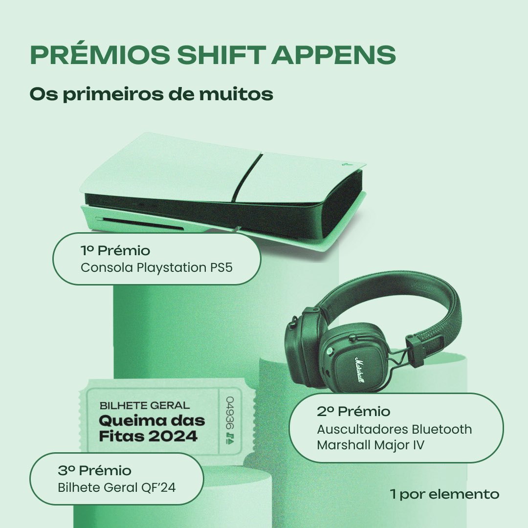 Chegou o momento de anunciarmos os primeiros de muitos prémios da 10ª edição do Shift APPens!! 😎 Cada elemento da equipa vencedora terá direito a um prémio! 🏆 Vais mesmo deixar escapar a oportunidade de te habilitares a ganhar estes prémios incríveis? Inscreve-te! 🐯