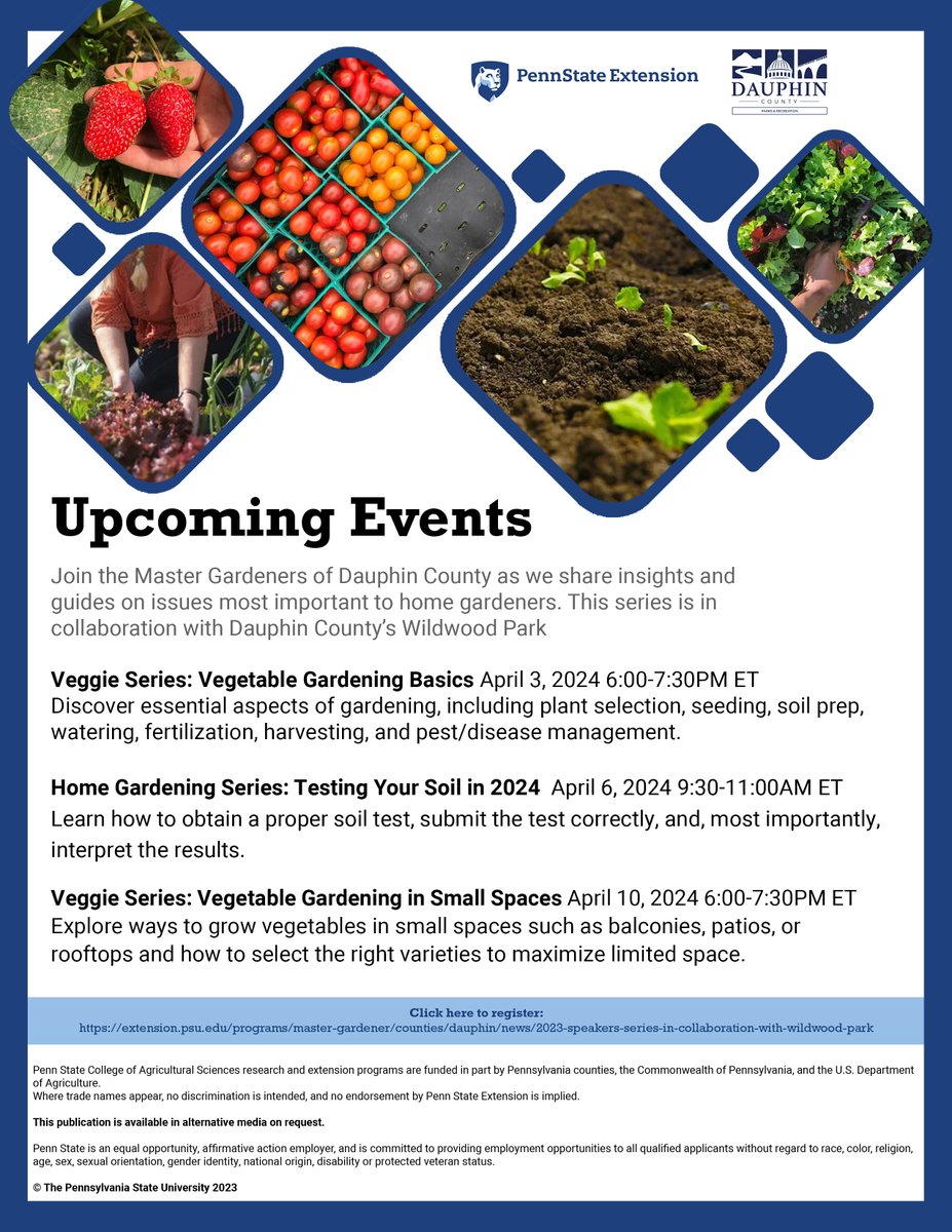 DauphinParksRec's tweet image. Penn State Extension Master Gardeners of Dauphin County are busy with workshops at Wildwood Park this month. Join in-person on online! Registration information is available at extension.psu.edu.
#PennStateExtension #mastergardner