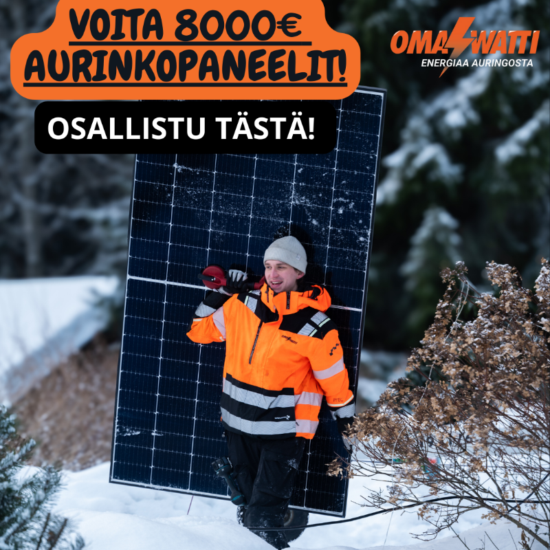OmaWattiOy's tweet photo. Osallistu arvontaamme ja voita 8000€ arvoiset aurinkopaneelit kotiisi tai mökillesi asennettuna OmaWatin luotettavien asiantuntijoiden toimesta. Osallistuminen ei sido sinua mihinkään.