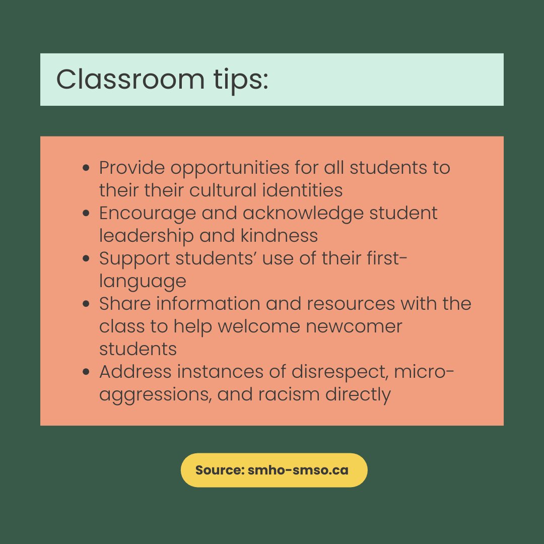 Immigrant and refugee children and youth may require additional support to acclimate to a new school and environment.

👉 Here are some resources and classroom tips to support newcomer students!

For more information: smho-smso.ca/educators-and-…