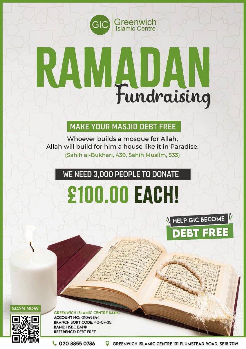 🕌🌙 Help GIC become debt-free during Ramadan! According to Sahih al-Bukhari and Sahih Muslim, whoever builds a mosque for Allah, Allah will build a house like it in Paradise. Join us by donating £100.00 and be a part of this noble cause. Let's reach our goal of 3,000 people!
