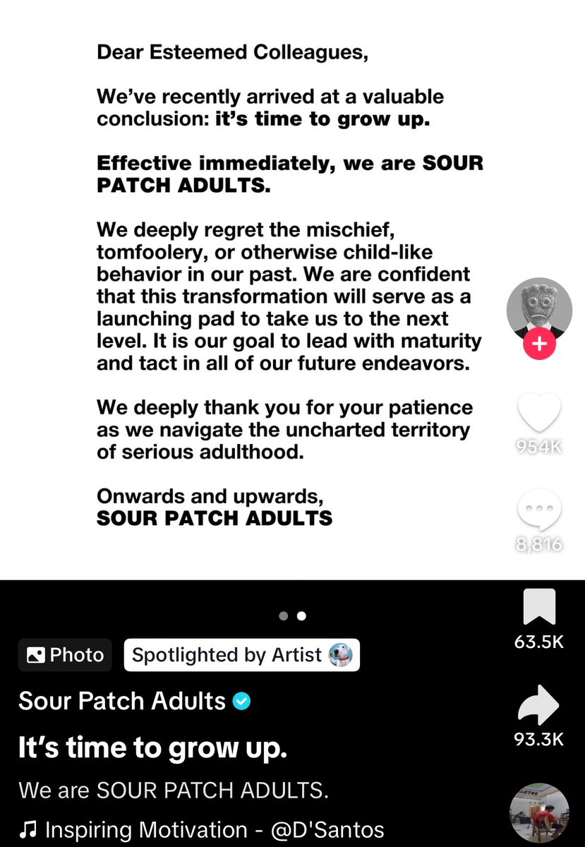 Sour Patch Kids has announced they are no longer kids, and will now be called “Sour Patch Adults” with a new saying “sour then sad :(” 😭