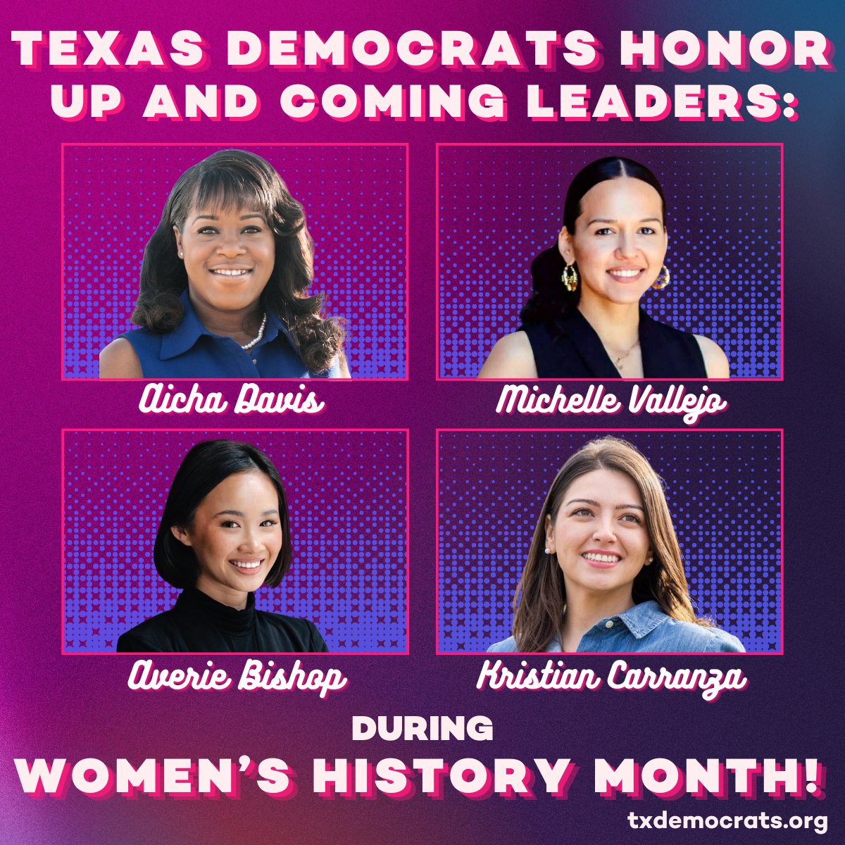 Shout-out to 4 amazing women who represent a new generation of progress: @AichaForTexas, @MichelleVforTX, @kristianfortx, & @AverieDanielle. These leaders are fighting for Texas women’s rights -- from the right to choose to the right to a quality education. #WomensHistoryMonth