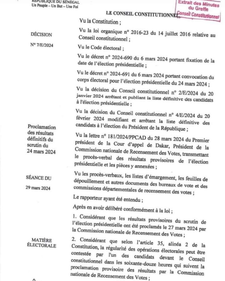 ao_sowGn's tweet photo. Le conseil constitutionnel sénégalais confirme l'élection de @DiomayeFaye . Aucun des candidats n'a déposé de recours au niveau de l'institution
#SenegalVote #SunuElection https://t.co/wIDMIGtYaC