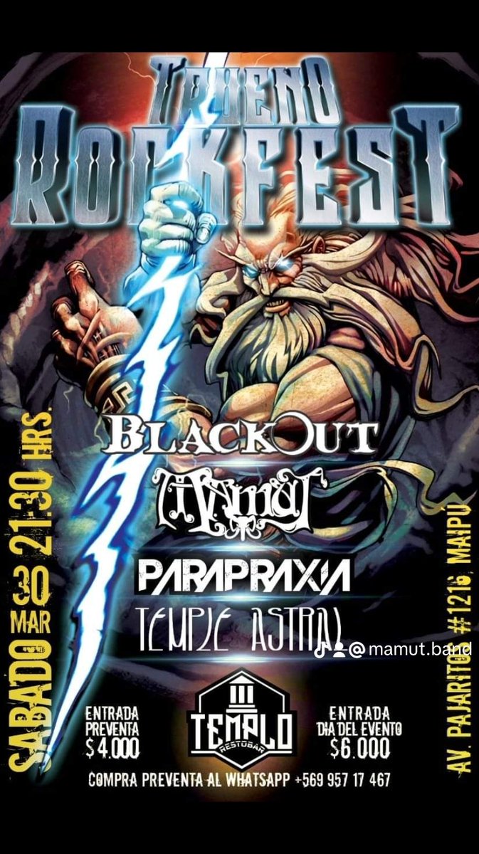 Trueno rockfest <a href="/mamutbanda/">Mamut</a> <a href="/Banda_BlackOut_/">BlackOut</a> #parapraxia #templeastral lugar del evento #templobar, estaremos lanzando nuestro video clip #Hey!!
#mamut #music #rock #rockandroll #stonerrock #rockchileno #videoclip #lanzamiento #dezzer #tidal #youtubemusic #insta #instarock