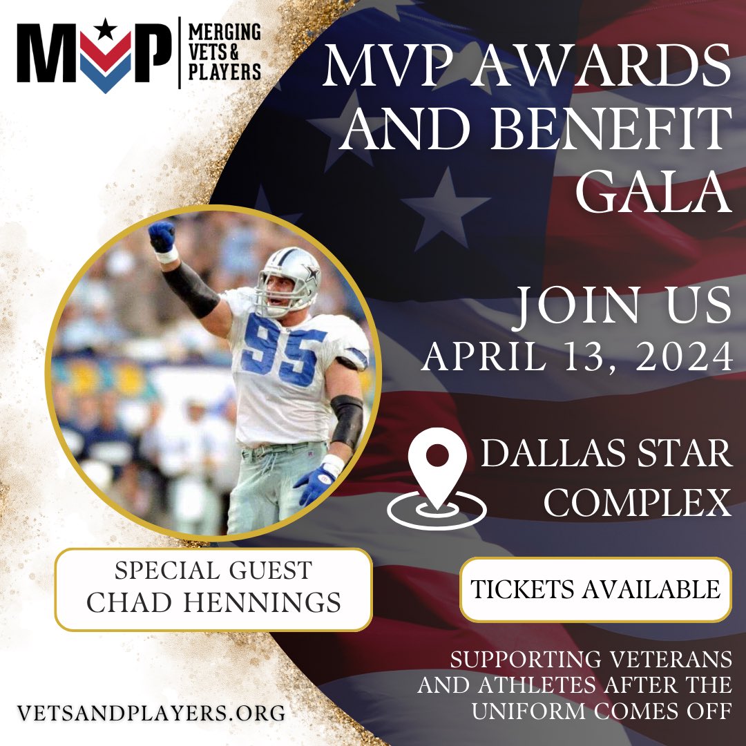 The 2nd Annual MVP Awards & Benefit Gala is just 2 weeks away! Thrilled to share the confirmed attendance of Dallas Cowboys Super Bowl Champion/Air Force Veteran Chad Hennings! Tickets, Tables, & Sponsorship Packages are still available! More info at vetsandplayers.org/mvp-gala-2024