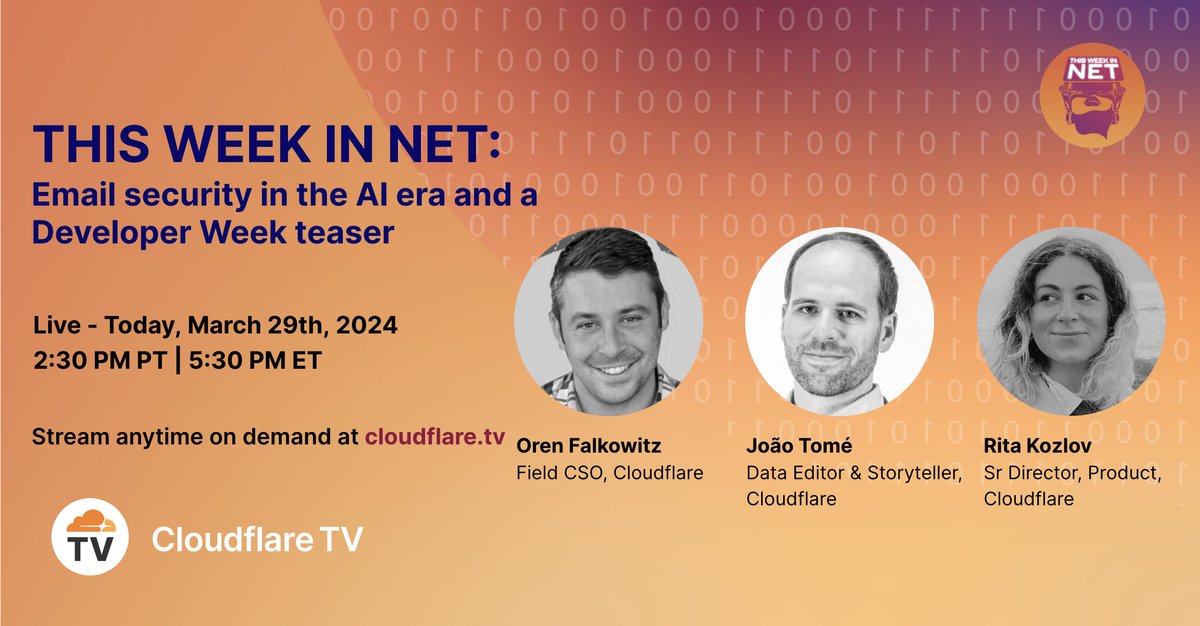 This Week in NET kicks off in 15 minutes with host João Tomé (@Emot) and guests - Field CSO, Oren Falkowitz (@OrenFalkowitz) & Sr. Director of Product, Rita Kozlov (@RitaKozlov_) - as they review email security in the #AI era and give a #DeveloperWeek teaser. Watch here →…