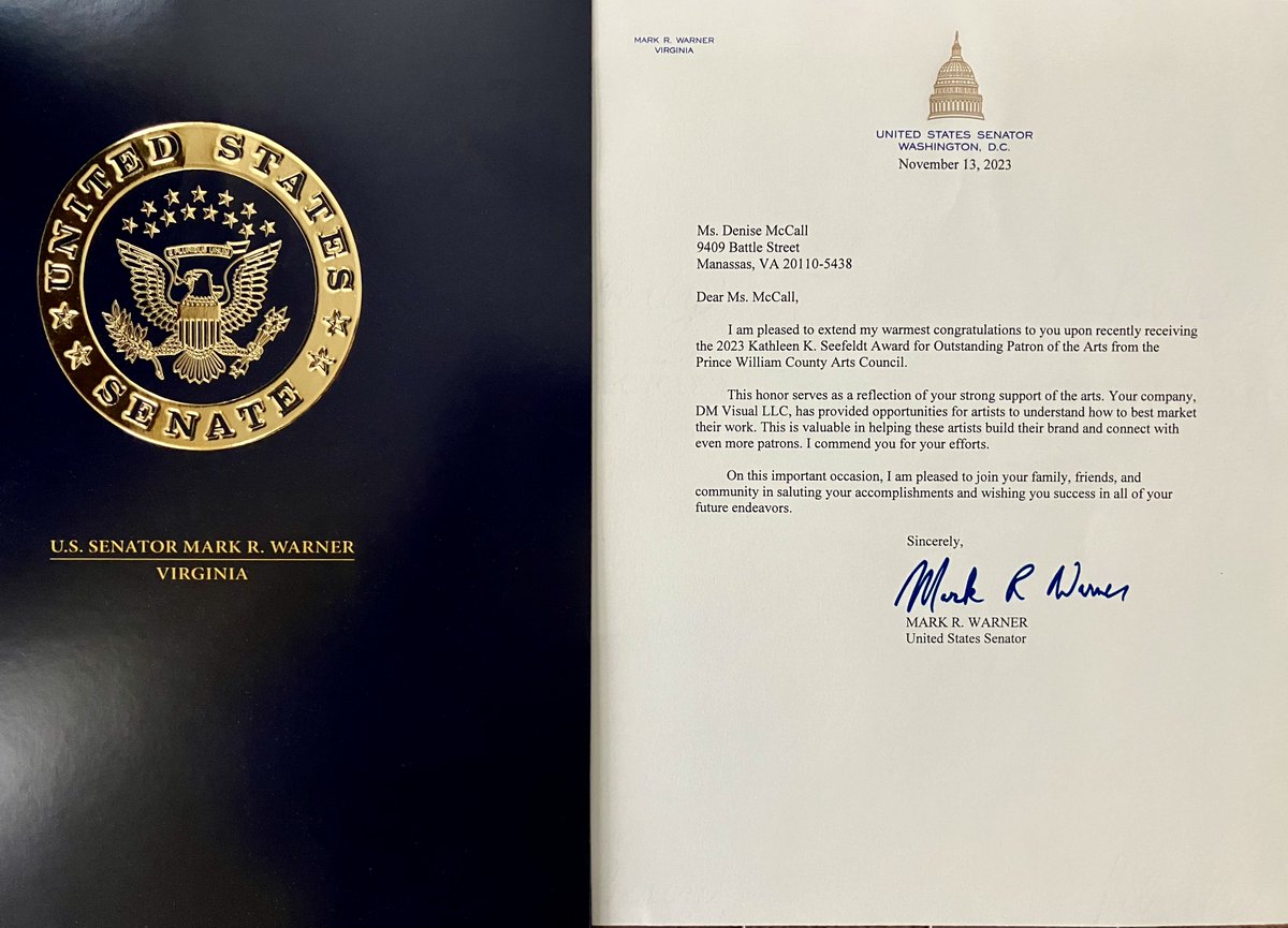 dmvisual's tweet image. #ThanksAgain for #USSenatorMarkRWarner writing VA&apos;s #McCallStudioGallery #DMVISUAL!  I wrote back to him, and wanted to post his #Letter here also, as 
we continue to be #Thankful for this #Honor.🙂 #2023SeefeltArtsExcellenceAwardee #USHofRpRrd @VisitManassas #SupportArts