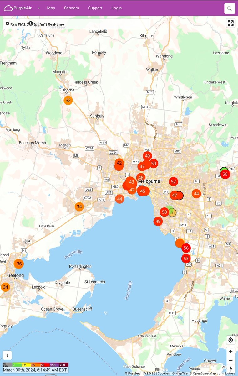 Day 2 of poor air quality in Victoria. Was planning a long bike ride but will have an asthma attack if I stay outside for any length of time. @VicGovEPA air watch is mostly inoperable so I have to rely on Purpleair sensors for information.