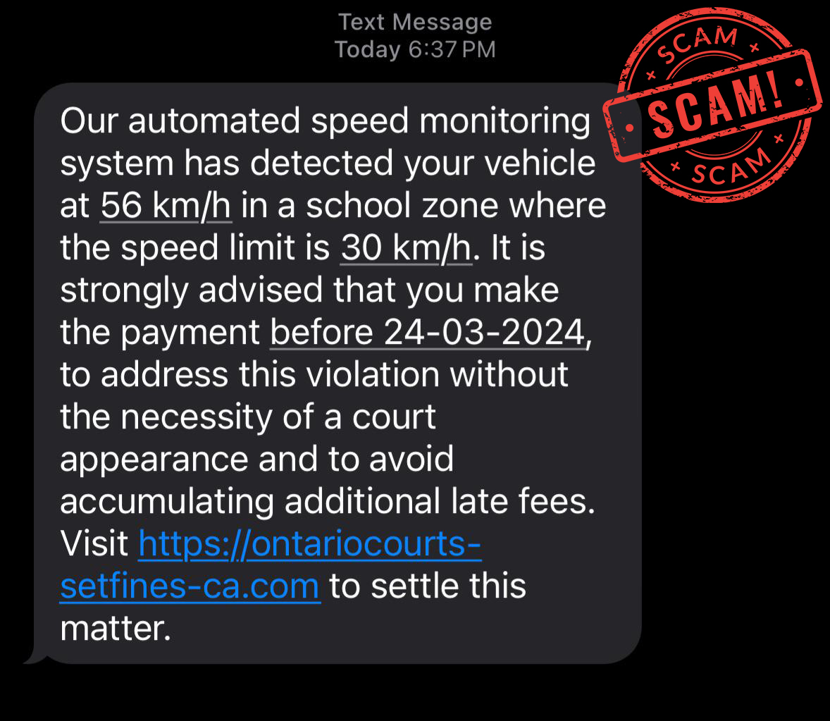 ** Speeding Fine Text Message Scam ** Many people have reported receiving fake text messages stating that an unpaid speeding fine must be paid immediately to avoid late fees. As a general rule, never click on links in text messages. #scam #fraud #phishing