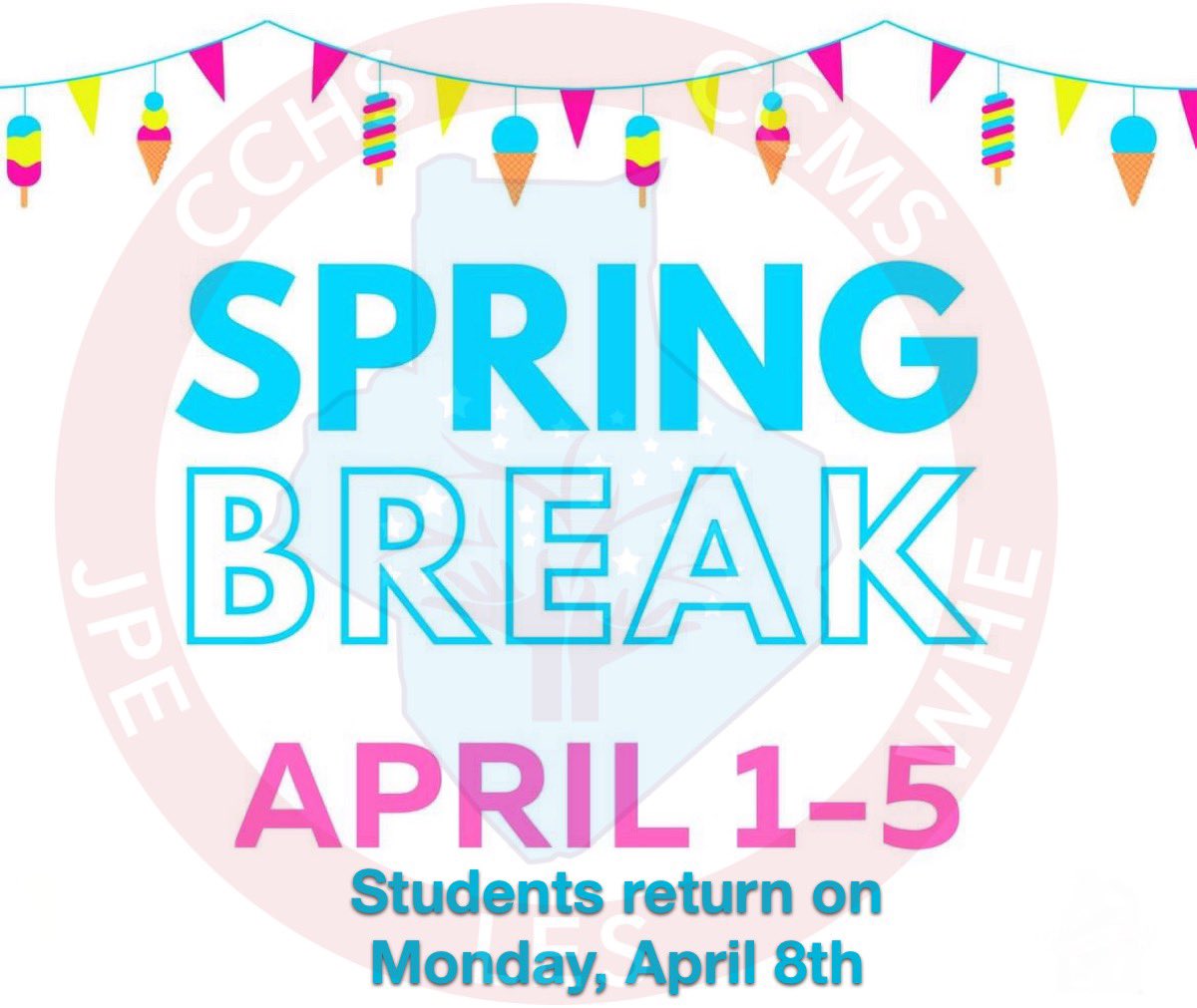 SPRING BREAK REMINDER: A friendly reminder to our families. NO SCHOOL NEXT WEEK. Spring Break is scheduled April 1st - April 5th for @CaseyCoSchools. Classes will resume on Monday, April 8th. Enjoy this well-deserved break!