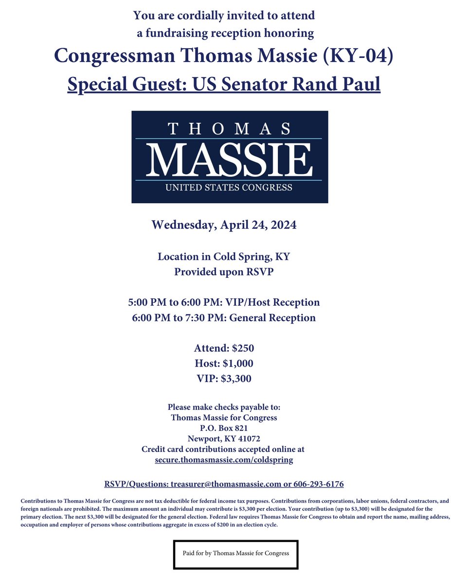 I’m excited to announce Senator @RandPaul will join me at a fundraising reception to support my campaign on the evening of April 24th in Cold Spring, KY. RSVP now at: secure.thomasmassie.com/coldspring