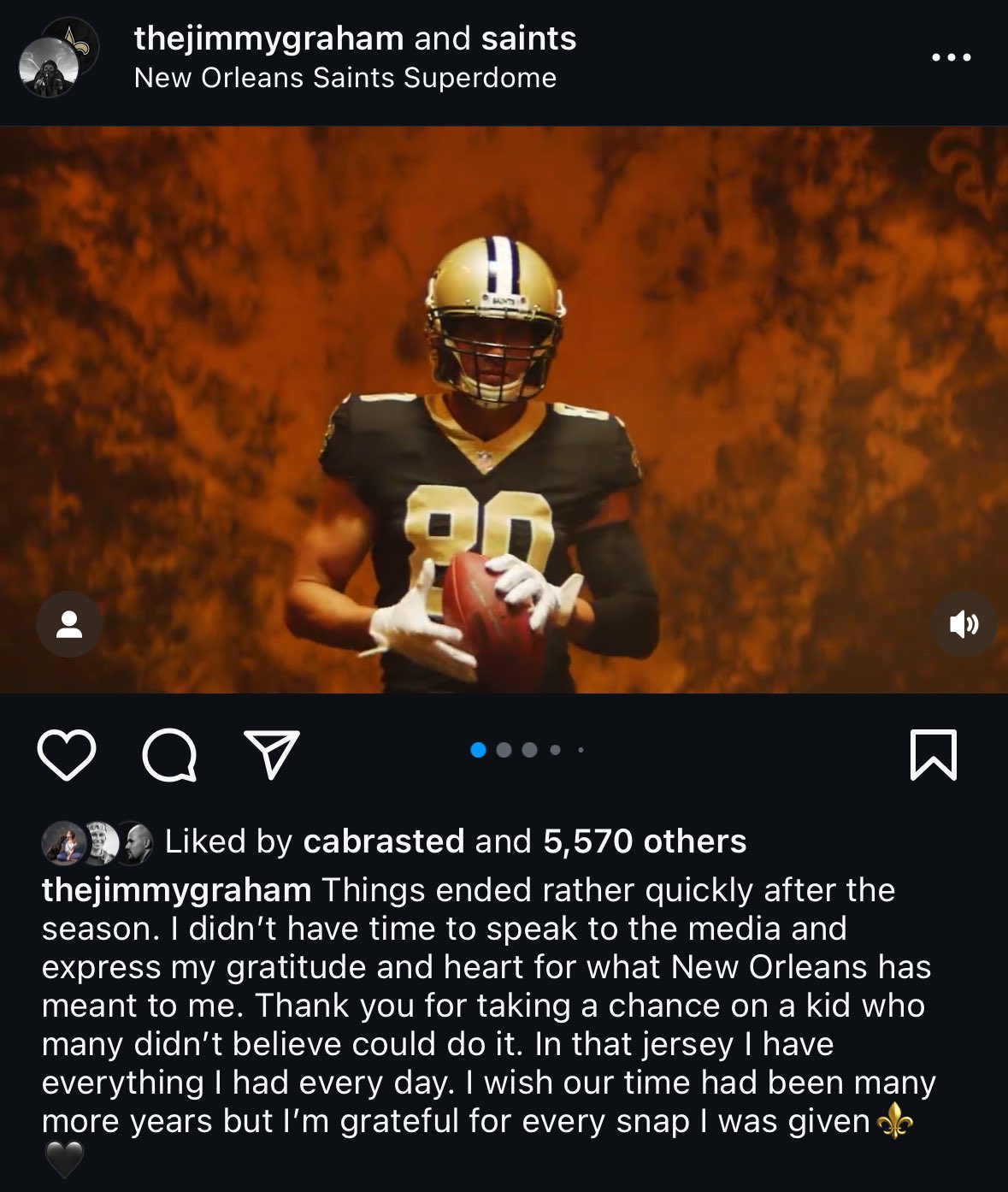 Luke Johnson on X: "Jimmy Graham posted a long message to New Orleans and  the Saints fan base on his Instagram account. He ends it shy of saying he's  retiring, saying he's “