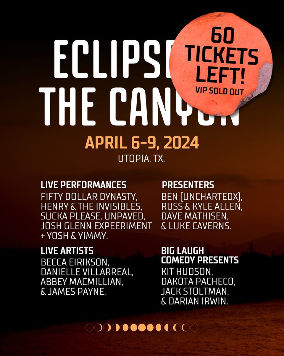 Looking for somewhere to see the totality of the eclipse on April 8th? Join us at the Eclipse at the Canyon festival, April 6-9. Catch some great bands, stand up comedy, and speakers (like me!) over a few days in a beautiful location. Details: eventbrite.com/e/eclipse-at-t…