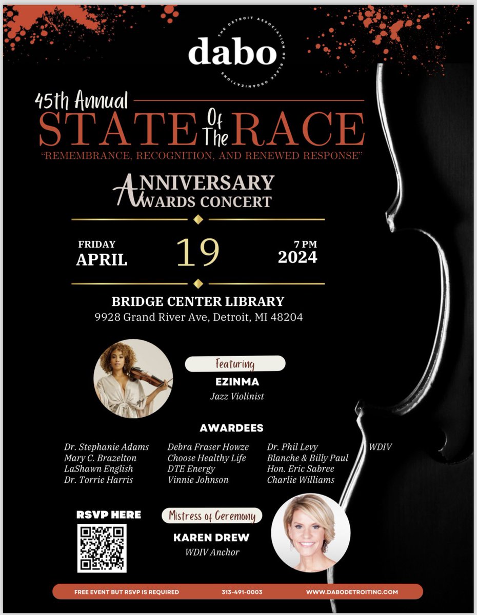 You don’t want to miss this free event with award winning Jazz Violinist Ezinma at the Bridge Center. Free valet parking. RSVP by scanning QR Code or call 313-491-0003.