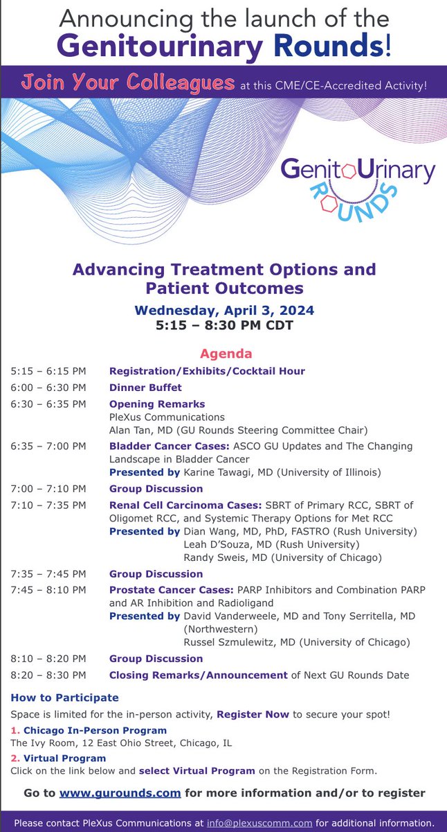 Excited to welcome those in the Chicago area to the next GU Rounds @IvyRoomChicago! Jam packed agenda +dinner w/ exciting cross-disciplinary discussions in prostate, bladder, renal cancers. Still a few spots left to sign up @ gurounds.com for this April 3 CME event