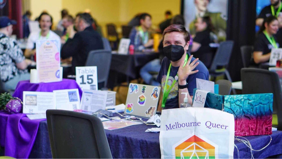 This is the last day for Melb Queer TTRPGs at Conquest. We will sadly be missing Sunday. Come say hi! #ttrpgs #games #queermelbourne #tabletop photos courtesy of Alek Weber