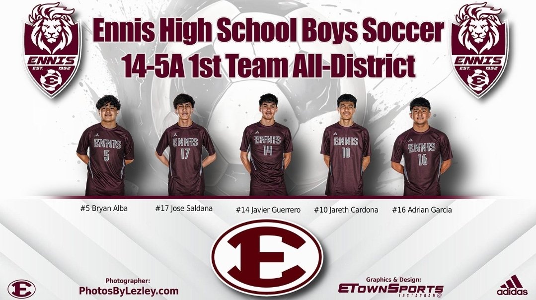 2023-2024 14-5A District Boys Soccer Season ! 
Congratulations to 
#5 Bryan Alba 
#17 Jose Saldana
#14 Javier Guerrero 
#10 Jareth Cardona
#16 Adrian Garcia
Selected to the 2023-2024 
14-5A 1st Team All-District