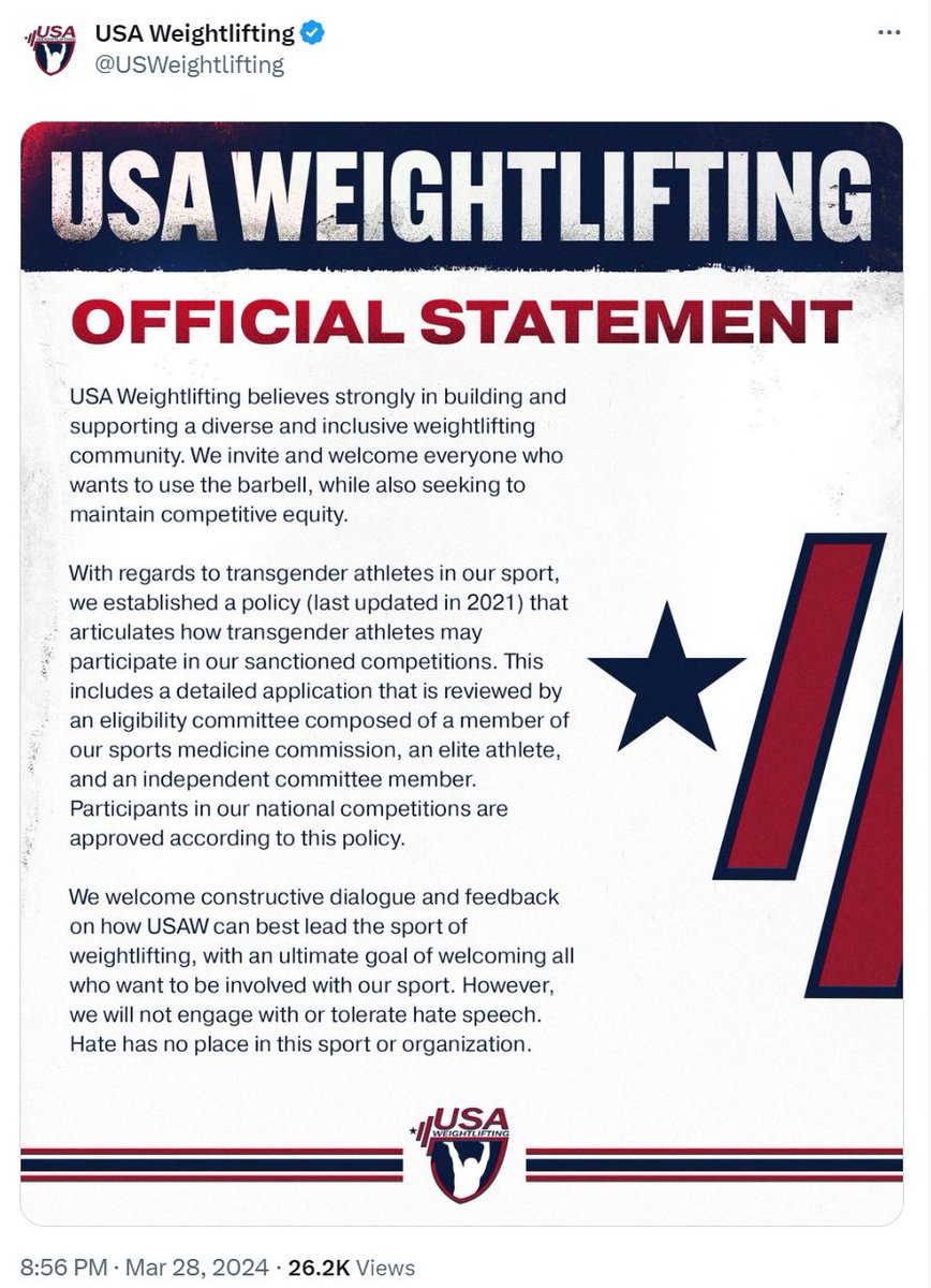 BREAKING: USA Weightlifting @USWeightlifting put out a statement in response to a man winning first place in a women's weightlifting competition. They doubled down on their policy of allowing men to compete against women in the name of 'equity' and 'inclusivity.' Save women's…