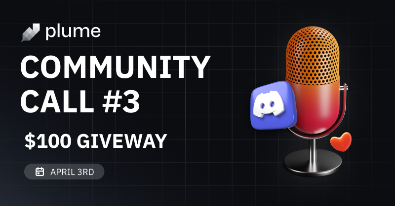 plumenetwork's tweet photo. Join our #3 Community Call and win a share of a $100 rewards pool! 🚀

Plus, claim an OAT just for participating! Don't miss this chance to connect with the Plume Network community and dive into the world of RWA tokenization.

📅 April 3rd
🕒 15:00 UTC
📍 https://t.co/ZQgJHF1A71

Secure your spot now and be part of the conversation!