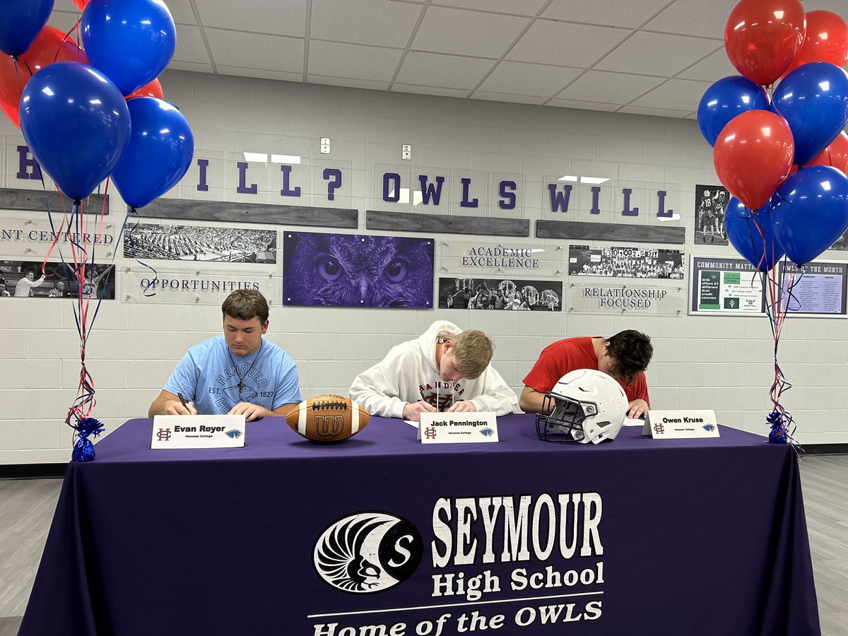 Congratulations to <a href="/JackPenn_7/">Jack</a>, <a href="/OwenKruse22/">Owen Kruse</a>, and <a href="/Evan_Royer51/">evan</a> on signing to play football at Hanover College!!! The impact these three young men left on our program cannot be put into words. We’re excited to see them dominate at the next level!!!

#GoOwls 🦉