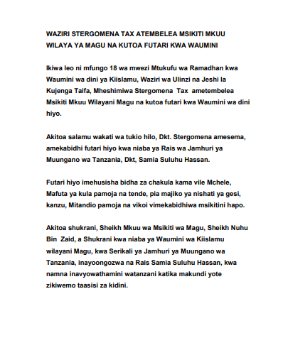 Waziri @DrTaxs Atembelea Msikiti Mkuu Wilaya ya Magu na Kutoa Futari kwa Waumini