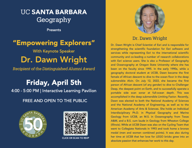 Join @UCSBgeog for 'Empowering Explorers' with keynote speaker Dr. Dawn Wright @deepseadawn, a recipient of the Distinguished Alumni Award! 📅 April 5th, 2024 at 4 PM 📍 Interactive Learning Pavilion at UCSB 👇 Learn more and RSVP geog.ucsb.edu/events/all/202…