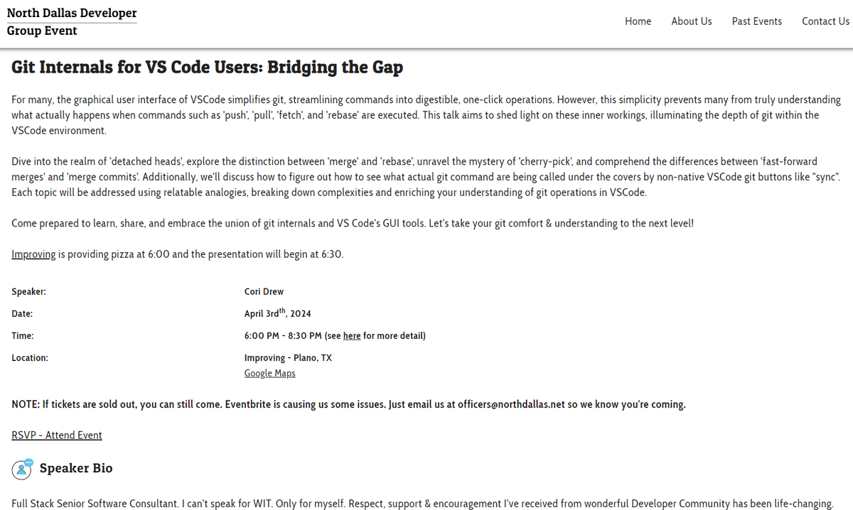 I've put together a #git talk for the command-line averse:
#git internals through the lens of #VSCode 

THIS WEDNESDAY 4/3
6pm-8:30pm 
at the <a href="/improving/">Improving</a> offices in Plano

Everyone is welcome! Sign up here:
northdallas.net