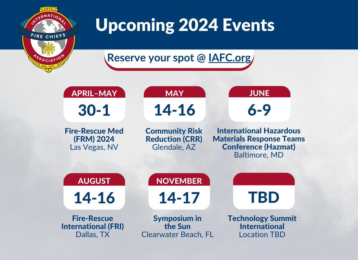 Expand your knowledge with our diverse range of fire service conferences. Whether it's leadership, hazmat, or tech – find your perfect fit and save with early registration: buff.ly/3Ejk7SS #iafcFRM2024 #FRI2024 #HAZMAT2024 #SITS2024