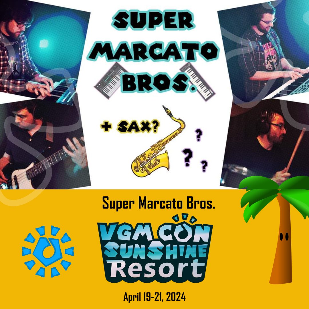 🚨VGM CON PERFORMER UPDATE🚨 You might know the Super <a href="/marcatobros/">Super Marcato Bros.</a> as an energetic⚡️ 4-piece VGM band based in the Twin Cities, MN (AKA Sunshine Resort🏖️) but we heard👂 if you register for VGM CON 2024 today they'll throw in sax as a bonus👀🎷🎸🎹🎹🥁 vgmcon.org/book-tickets/