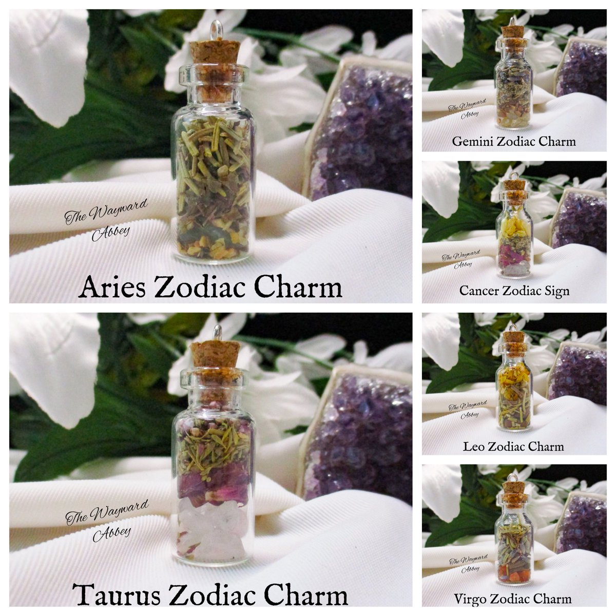 Aries, Taurus, Gemini, Cancer, Leo, Virgo These charms are meant to help balance those born under the chosen zodiac. Herbs & stone chips in a 2mL glass jar. Comes with cord. thewaywardabbeystore.etsy.com/listing/941309… 25% off Zodiac Charms today & tomorrow, no code needed! ~Blessings~Courtney