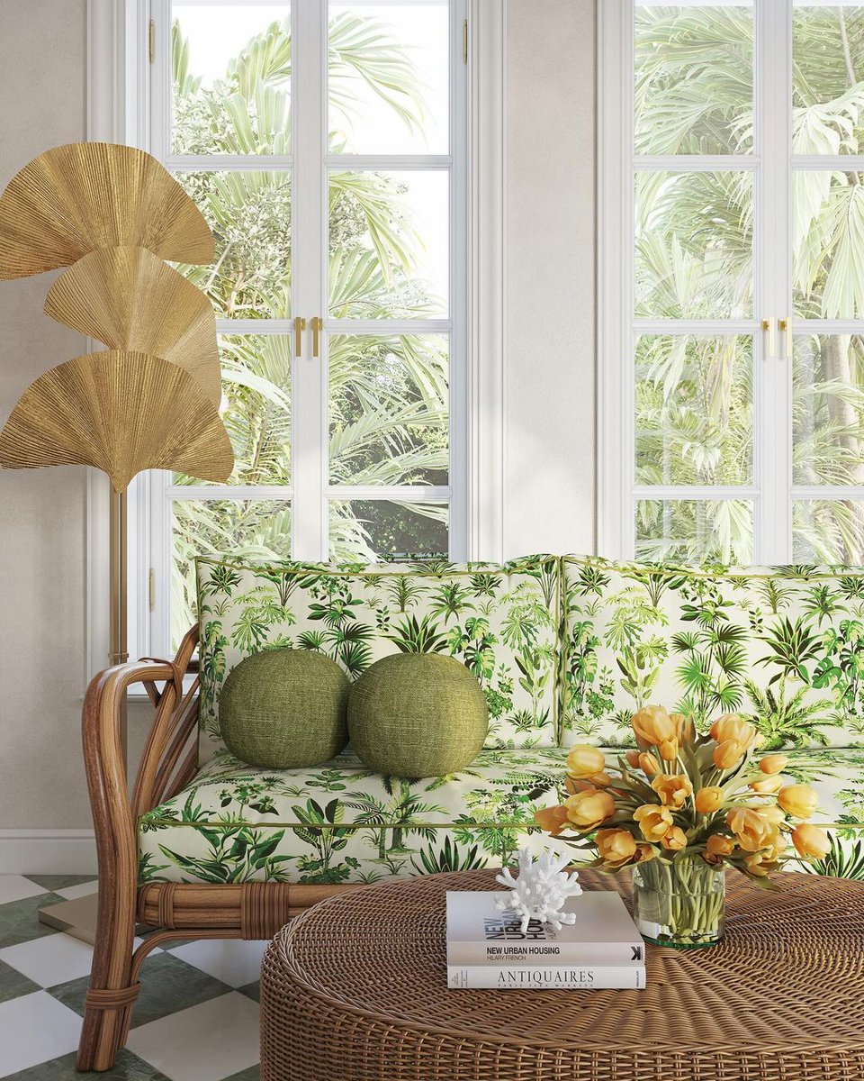 BreeganJane's Malindi fabric steals the spotlight in this sun-drenched sunroom crafted by Caitlin Kah Interiors Featuring the Breegan Jane Collection Clarke & Clarke Interiors