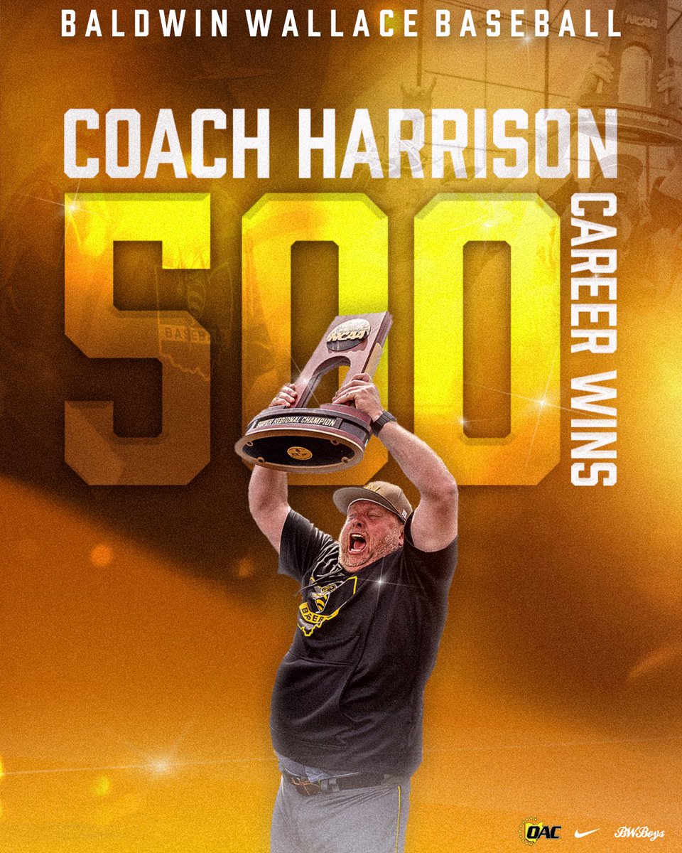 Congratulations to our very own Coach Harrison! He earned his 500th career win in today’s doubleheader sweep against Wilmington! 🐐 #BWBoys | #d3b