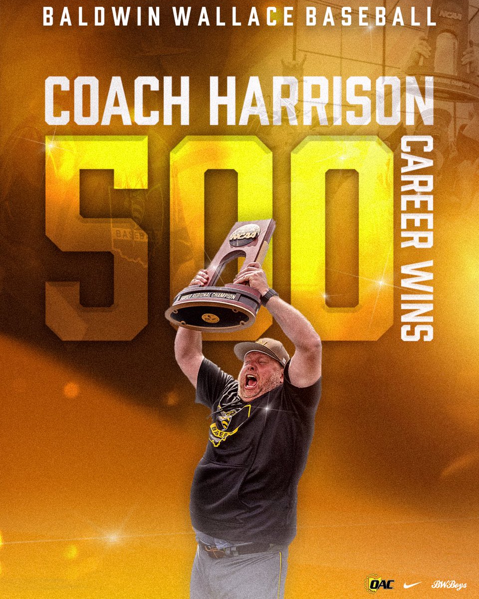 Congratulations to our very own Coach Harrison! He earned his 500th career win in today’s doubleheader sweep against Wilmington! 🐐

#BWBoys | #d3b