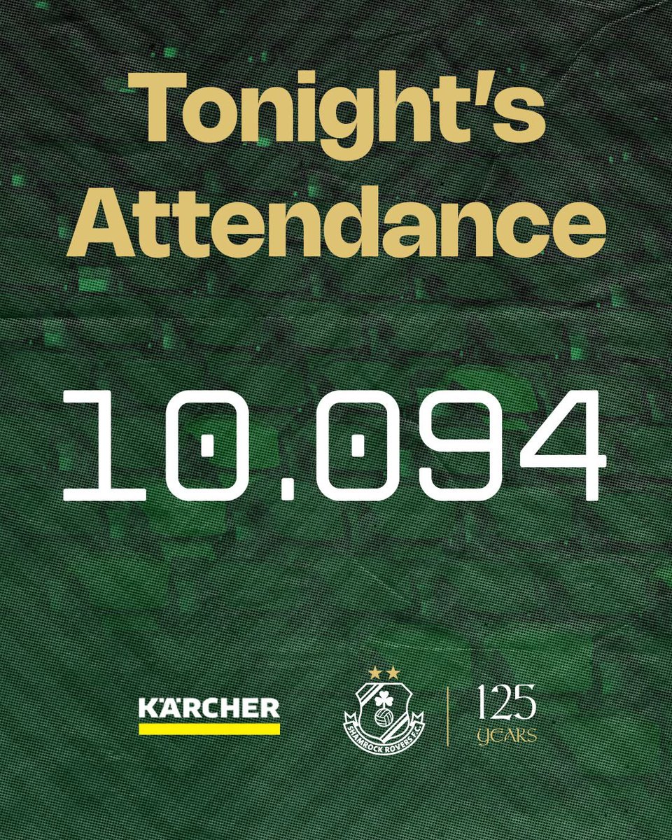 ShamrockRovers's tweet image. Tonight’s attendance is 10,094   

This not only sets a new record at Tallaght Stadium but it is also the largest attendance at a League of Ireland fixture this century 👏🏻

What an occasion 💚