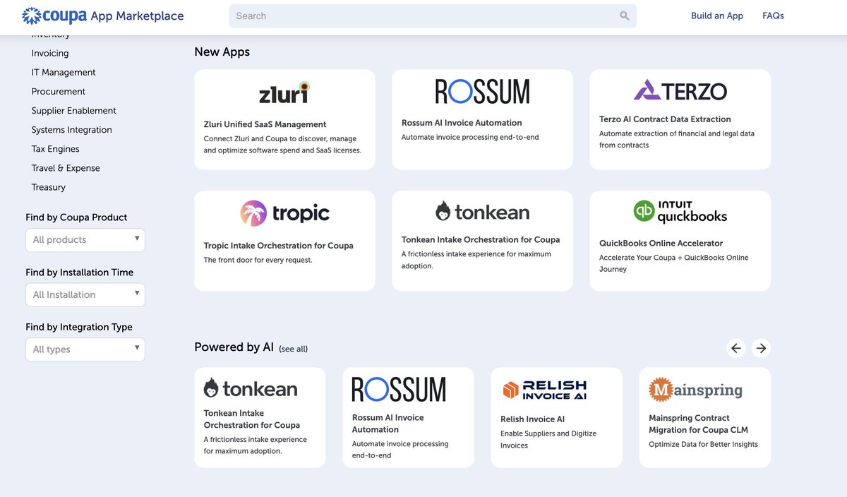 tonkean's tweet image. Find Tonkean in the new &quot;Powered by AI&quot; section on the @Coupa App Marketplace 👀 💪 

Want to learn more about intake orchestration? Let&apos;s chat! 

#AI #IntakeOrchestration #Procurement #DigitalProcurement