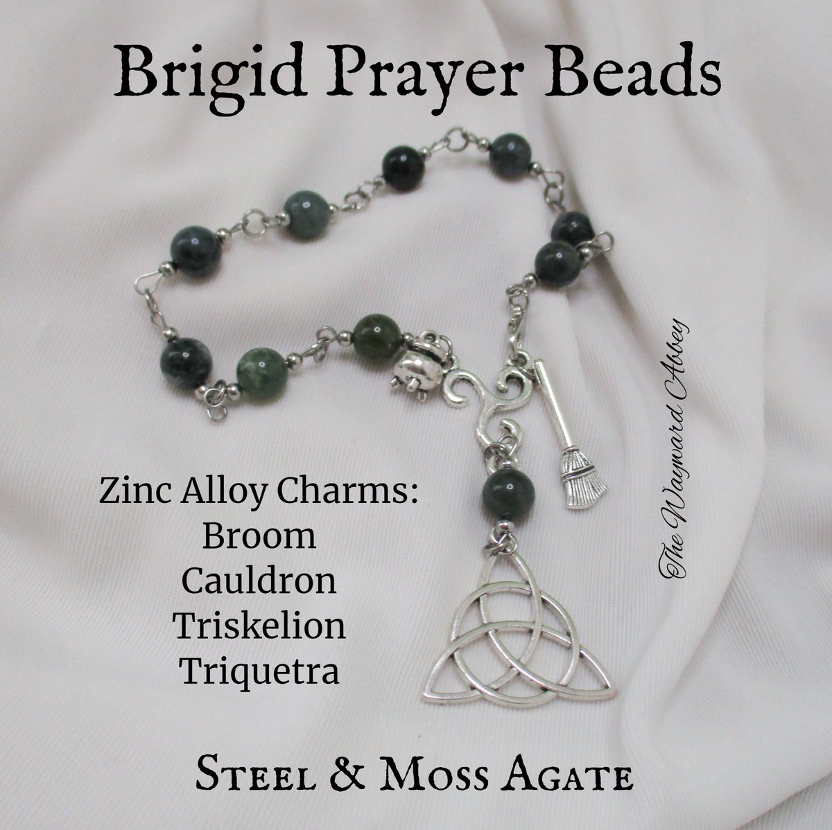 Brigid Prayer Beads
Moss Agate &amp; Steel

Nine genuine 8mm moss agate beads make up this beautiful piece. The zinc alloy charms help to give this item direction and focus.

thewaywardabbeystore.etsy.com/listing/119749…

25% off today &amp; tomorrow, no code needed!

~Blessings~Courtney