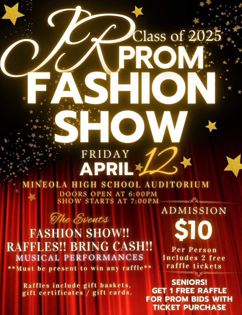 The <a href="/mineolahs/">Mineola High School</a> Jr Prom Fashion Show is in just two weeks! Come out to support our biggest fundraiser of the year! Bring extra cash for some exciting raffles! We hope to see you there!