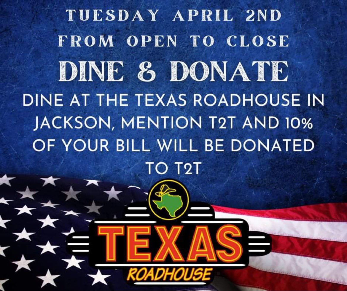 T2TJacksonMI's tweet photo. We want to give HUGE thanks Texas Roadhouse for once again partnering with T2T Jackson for Dine and Donate. 
On April 2nd, eat at the Jackson Texas Roadhouse, and when you mention T2T, 10% of your bill will be donated to T2T Jackson. https://t.co/A6pCN9jEWm