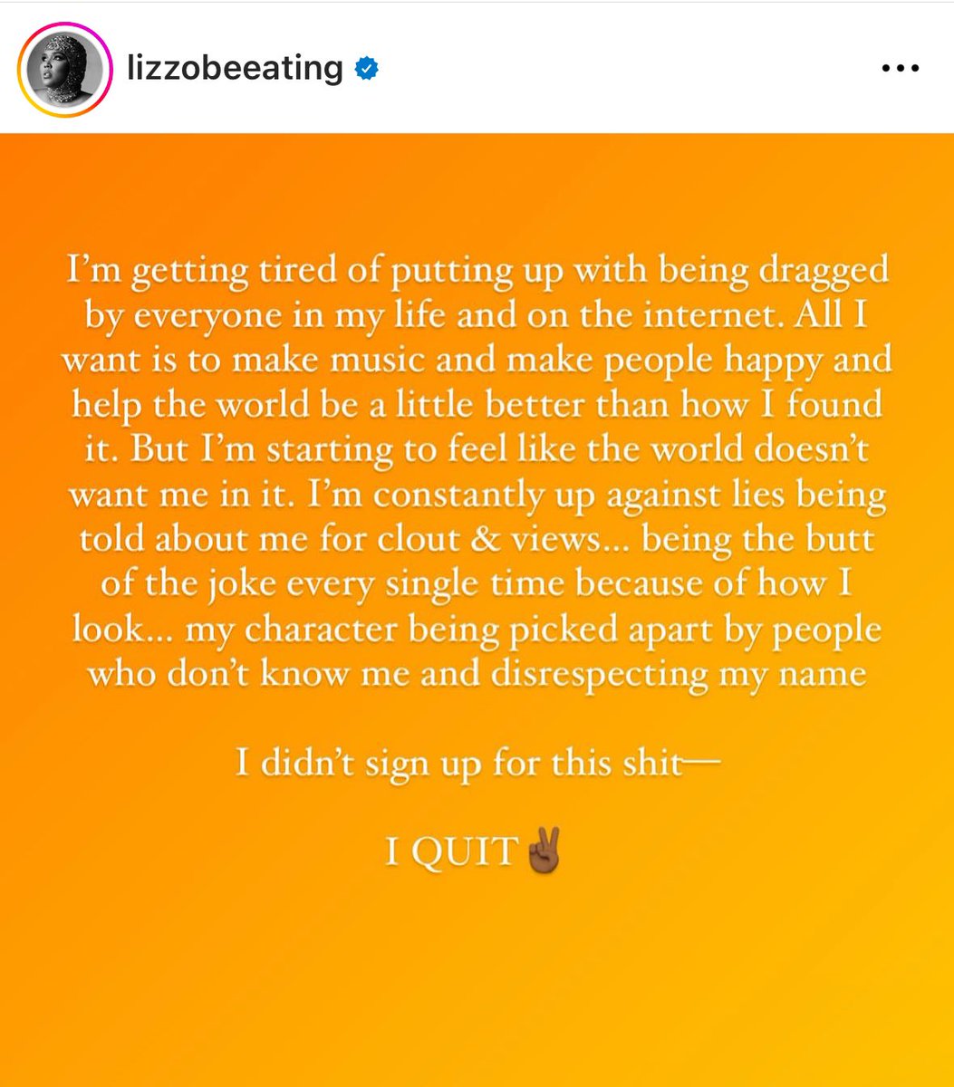 rapalert6's tweet photo. Lizzo quits music. https://t.co/rQ5ZGivVJp